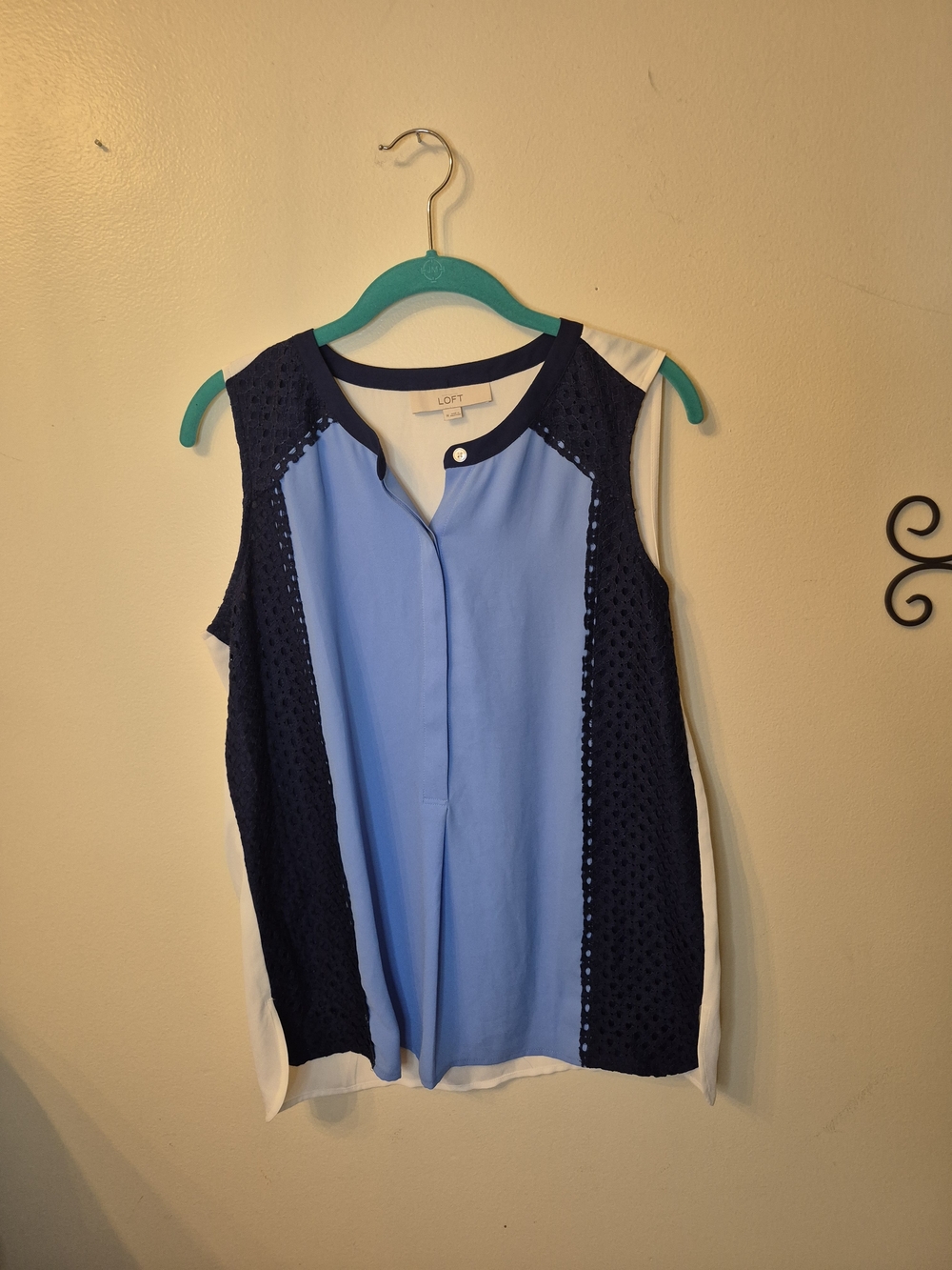 LOFT Sleeveless Colorblock Eyelet Shell - Light Blue & Navy - Picture 2 of 6